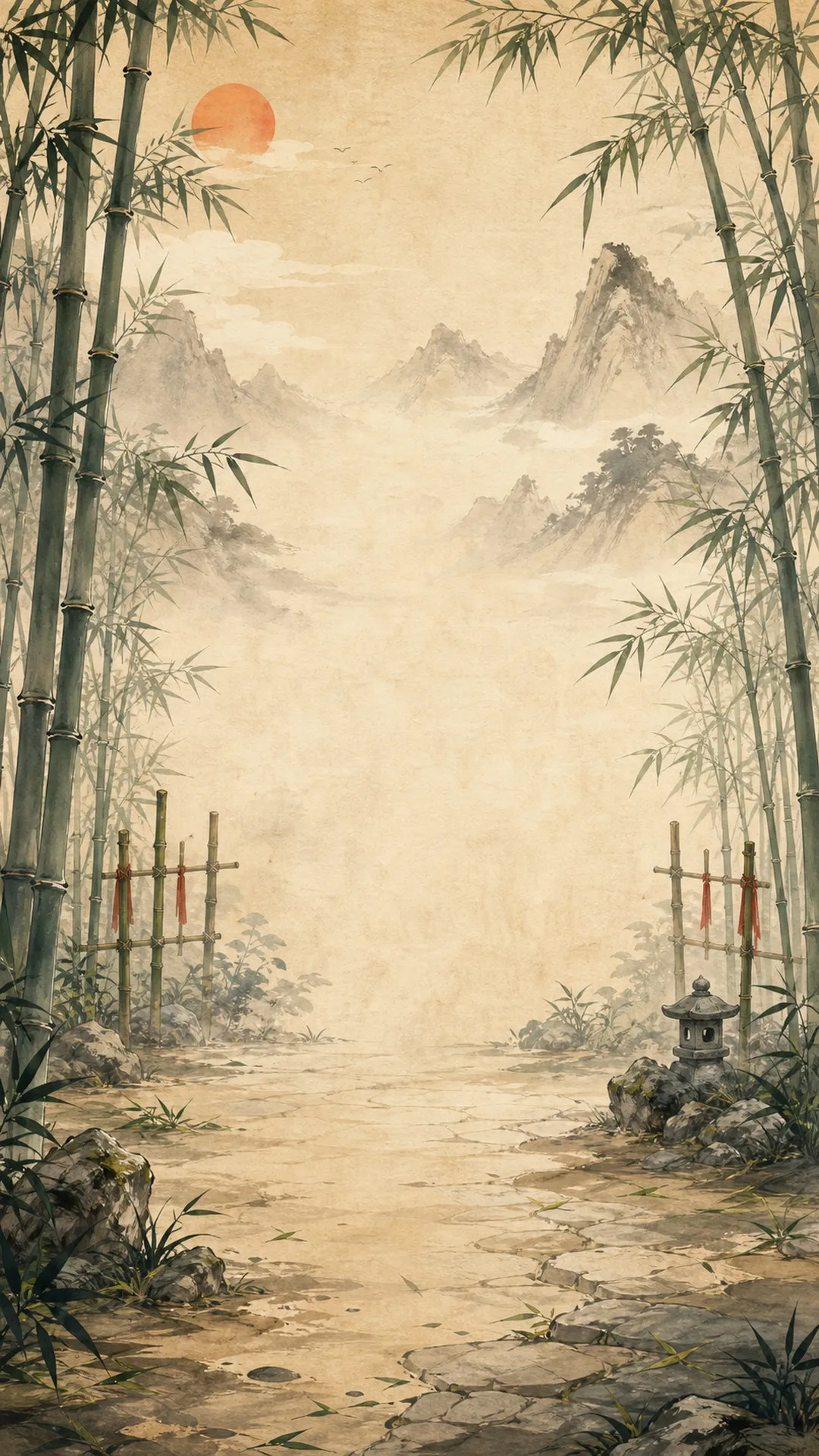 Sunlit bamboo path under a crimson sun