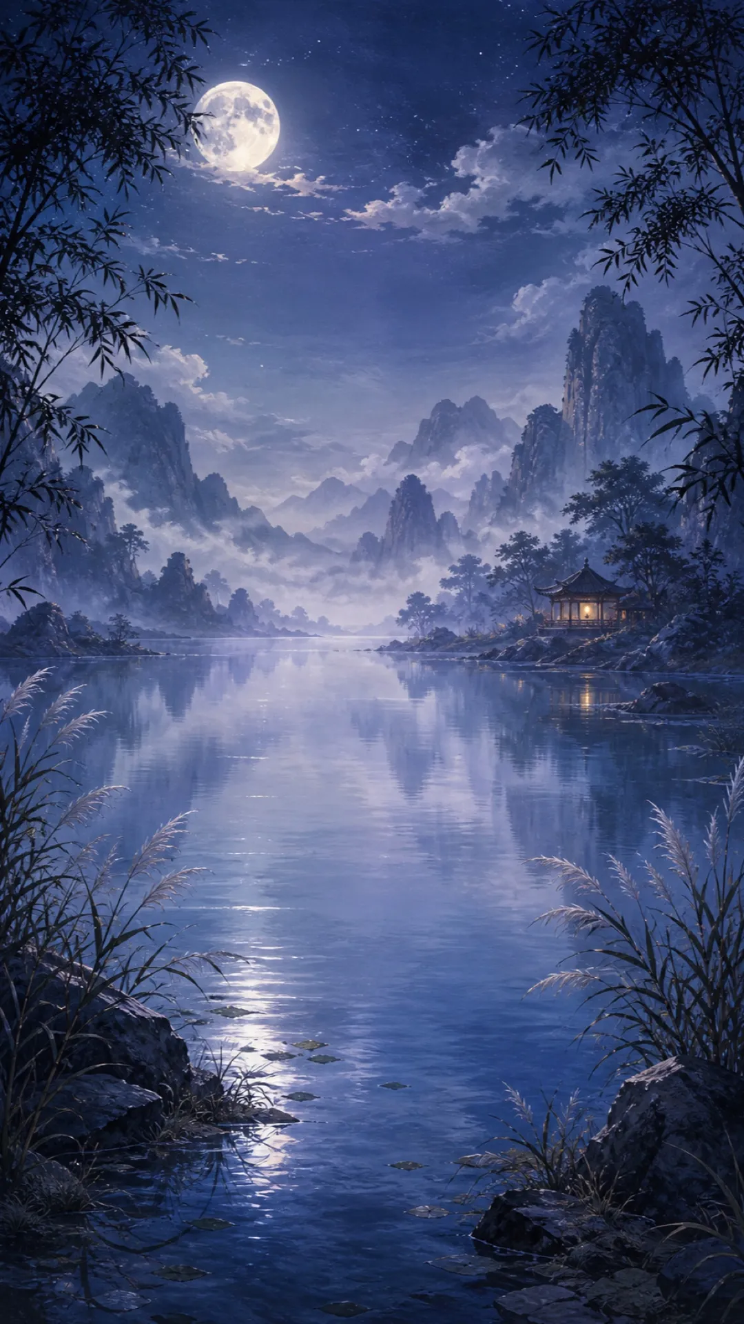 Still lake beneath a full moon